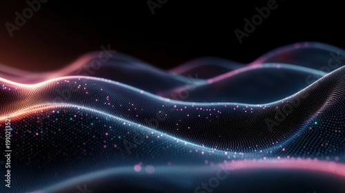 Undulating digital wave landscape of glowing neon particles and mesh grid in blue and pink, serene futuristic motion