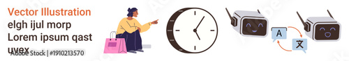 Artificial intelligence, time management, shopping, language translation, communication, automation. Woman holding shopping bag with clock and translation robots. AI communication and time management