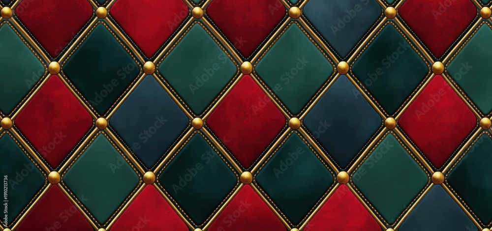 Obraz premium quilted diamond leather wall with red, green and navy tiles, gold piping and studs, luxurious vintage upholstery evoking opulence and warmth
