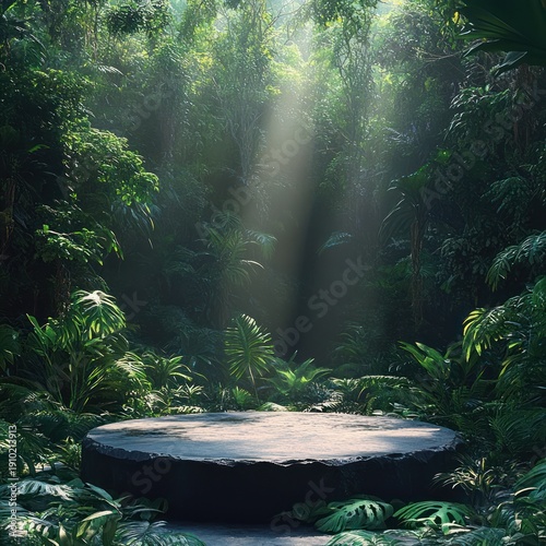 Sunlit circular stone platform in a serene tropical rainforest clearing surrounded by dense lush foliage, ferns, moss and shafts of light through the canopy