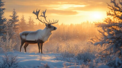 Majestic reindeer standing in a snowy clearing at golden sunrise with frosted evergreens and drifting snowflakes, serene and awe-inspiring winter morning