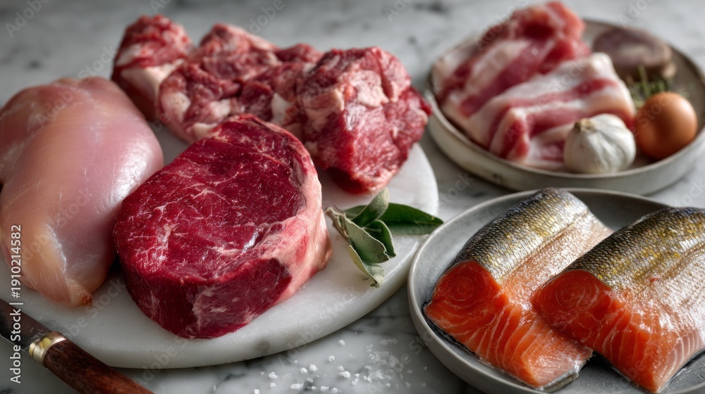 custom made wallpaper toronto digitalA vibrant display of various raw meat products is arranged artistically on a white marble surface