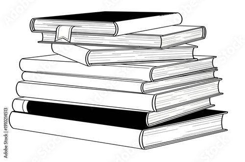 A stack of various books with hardcovers, some black and some white, are piled high.