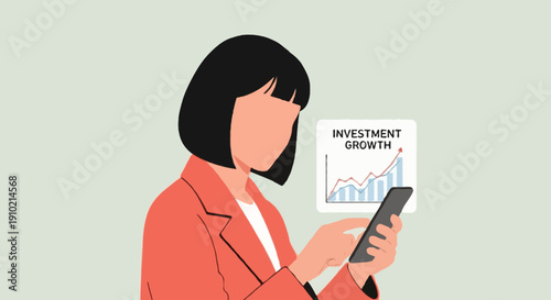 Flat illustration of faceless woman with short black hair wearing coral coat analyzing investment growth chart on smartphone screen