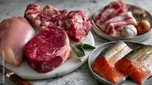 Wallpaper Mural A vibrant display of various raw meat products is arranged artistically on a white marble surface Torontodigital.ca