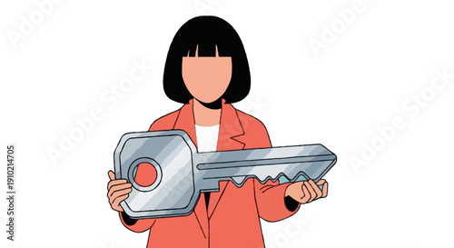 Flat illustration of faceless woman with short black hair wearing coral coat holding oversized key icon for password protection