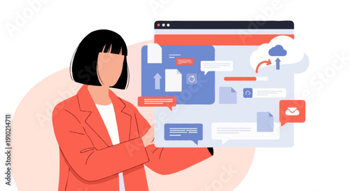 Flat illustration of faceless woman with short black hair wearing coral coat uploading files to cloud storage interface