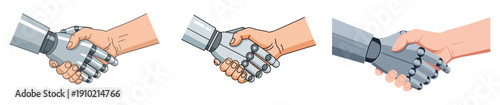 A series of illustrations depicting human hands shaking robotic hands, symbolizing collaboration, technological integration, and future partnerships.