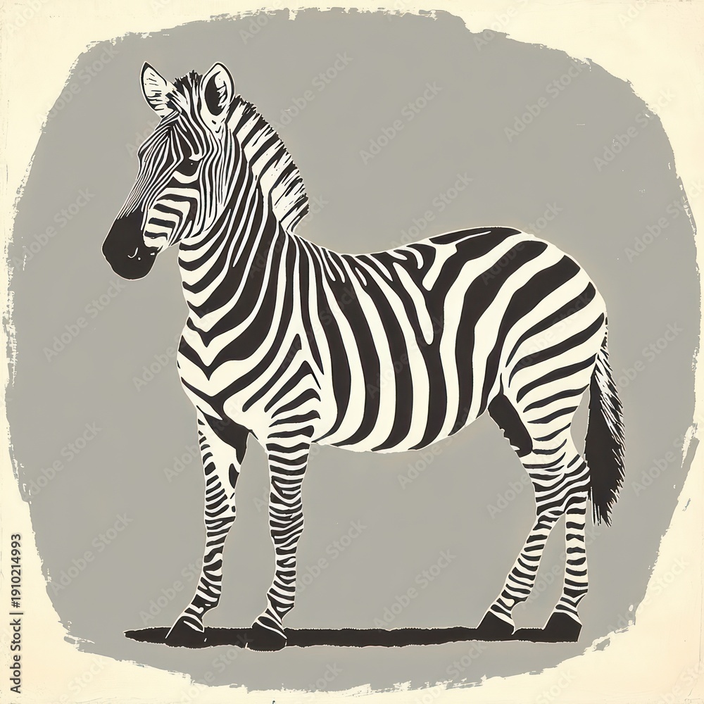 Naklejka premium Calm standing zebra with bold black and white stripes on a neutral gray background and textured cream border
