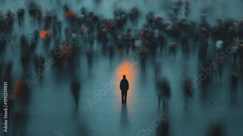 Urban isolation and individuality are highlighted as one person stands still among moving crowds, symbolizing modern loneliness in busy city life