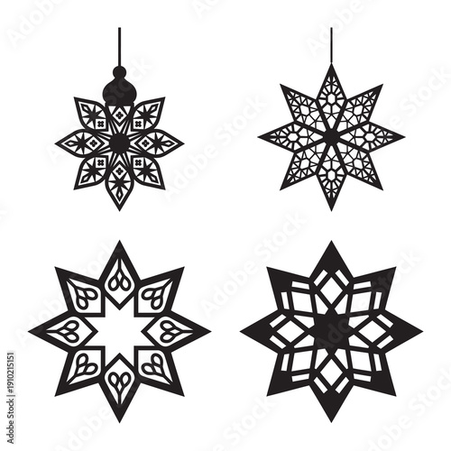 Four black ornamental star designs suitable for digital art, laser cutting, or craft projects.
