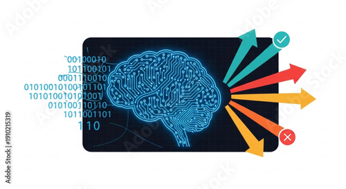 Brain with arrows and binary code on a digital screen representing artificial intelligence and data processing concepts