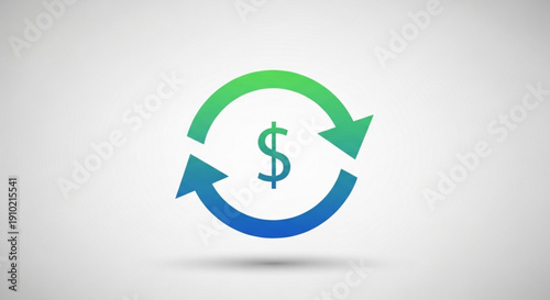 Green and blue circular arrows with dollar sign symbolizing financial growth and exchange on gray background