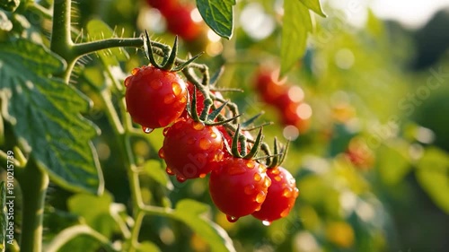 Fresh red cherry tomatoes growing on a vine covered in water droplets after rain