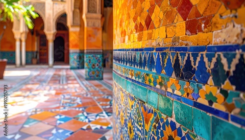 Intricate Moroccan mosaic tiles creating a vibrant, geometric pattern adorning an ancient architectural courtyard