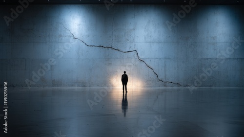 Solitary figure silhouette evokes themes of isolation, resilience, and introspection in urban industrial environment for conceptual or mental health campaigns