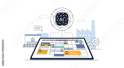 Modern factory automation with artificial intelligence controlling a complex production process on a digital tablet interface.