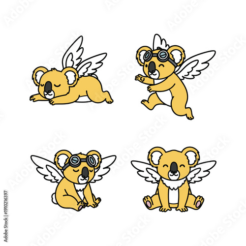 Photography Adorable cartoon koalas with angel wings and goggles flying or sitting on white