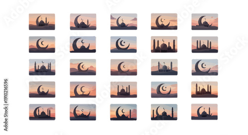 Cityscape silhouette icon collection. Includes 30 city skylines at sunset. Created in minimalist style with orange and blue palette.