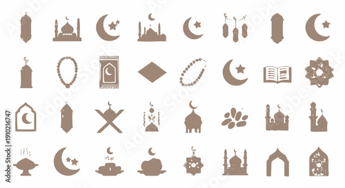 Ramadan icon collection. Includes mosque, crescent moon, lantern, prayer, and fasting symbols. Created in minimalistic style with brown palette