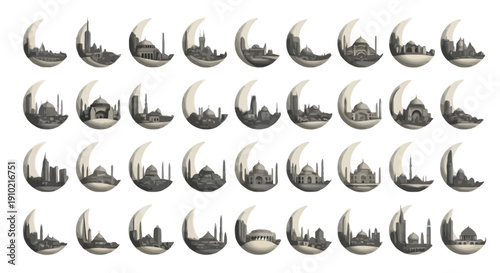 Cityscape moon phase icon collection. Includes 40 city skyline and lunar icons. Created in monochromatic style with grayscale palette.