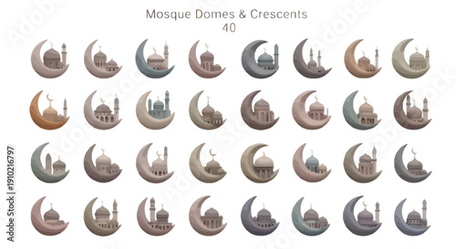 Vector set of 40 mosque domes and crescents in various earth tones, isolated on transparent background