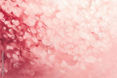 dreamy soft pink blossom petals drifting around a delicate thin branch against a glowing bokeh background