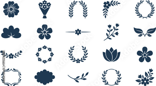 Diverse vector collection of elegant floral ornaments, botanical wreaths, classic frames, and decorative silhouettes for versatile design projects