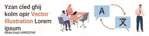 Language services, translation, communication, teamwork, business collaboration, workplace discussions. A team at a desk and text icons with arrows. Translation and communication concept