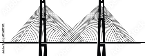 Cable stayed suspension bridge silhouette detailed architectural infrastructure vector illustration isolated on white background transportation engineering concept