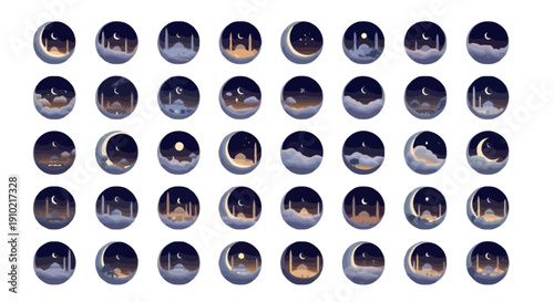 Collection of 40 circular icons featuring various nighttime city skylines with moon phases, isolated on transparent background