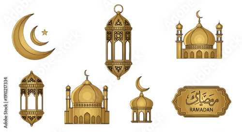 Golden Ramadan Kareem icons set with mosques, crescent moons and lanterns isolated on transparent background