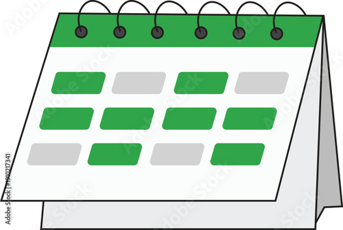 Minimal flat vector illustration of a desk calendar with green and gray date blocks. Simple modern design featuring a spiral-bound tabletop calendar in clean outline style.