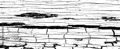 Abstract black and white distressed wood grain texture Aged cracked timber grunge vector overlay background graphic element