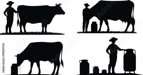 Farmer and cow silhouettes showing traditional dairy farming process, rural agriculture lifestyle, milk production and livestock care concept, countryside work scenes, black vector illustration