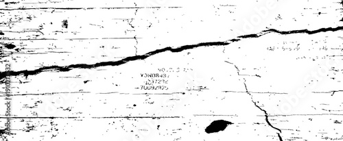 High contrast black and white grunge texture with deep horizontal crack and distressed wood grain effect background overlay