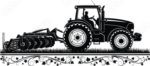 Modern agricultural tractor with disc harrow and ornamental vine border detailed farm machinery vector illustration isolated on white