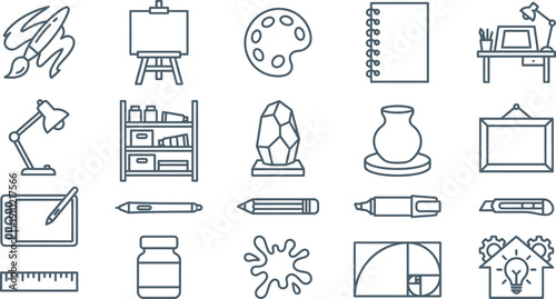 A comprehensive collection of minimalist line icons showcasing essential art supplies, creative tools, and design elements for artistic expression