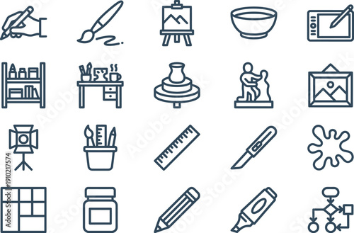 Diverse collection of creative art and craft tools, perfect for artistic projects and design concepts, illustrating various artistic processes and hobbies
