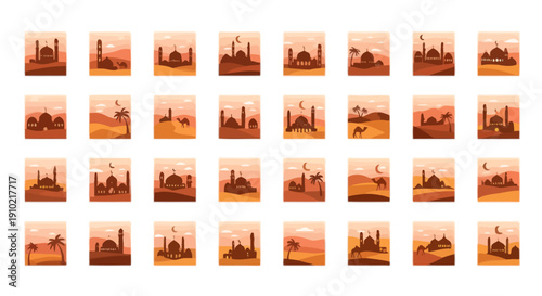 vector collage of multiple city skylines at sunset with orange hues isolated on white background