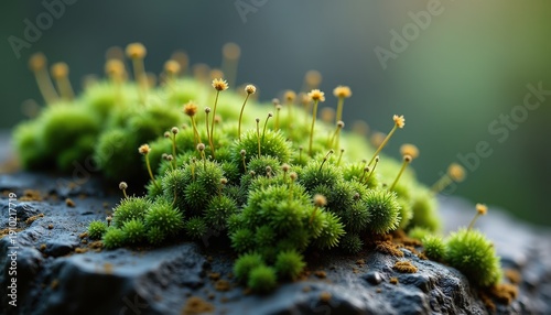Lush Green Moss Clusters Adorn Dark Textured Rock Surface with Tiny Yellow Spore Stalks and Soft Bokeh Background