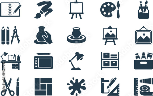 Essential artistic tools and creative studio elements for artists and hobbyists, encompassing painting, drawing, pottery, and digital craft