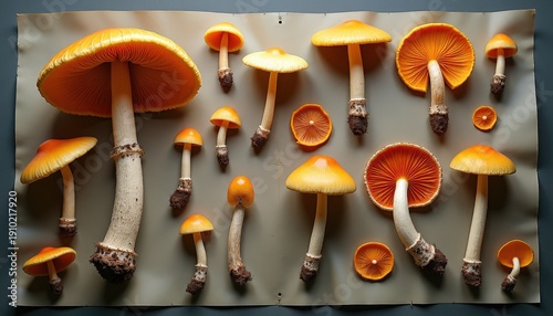 Collection Of Various Orange Cap Mushrooms On A Textured Neutral Background Studio Shot