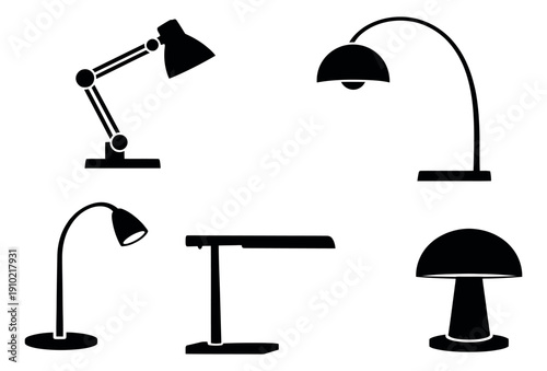 Iconic graphic lamps set featuring various desk and floor light fixtures for interior decoration