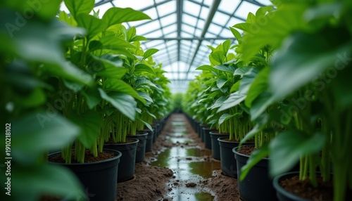 Rows of Lush Green Plants Growing in Pots Inside a Bright Greenhouse with Natural Light Illuminating the Verdant