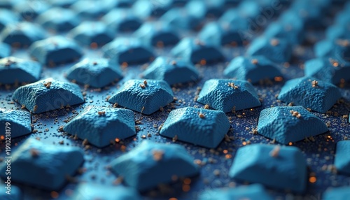 Abstract textured blue geometric shapes with sparkling orange highlights and shallow depth of field detailed macro shot