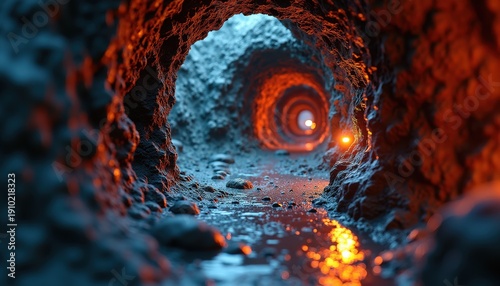 Illuminated Cave Tunnel with Fiery Glow and Reflective Water on Rocky Ground in Dramatic Lighting