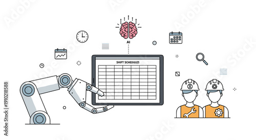 An innovative illustration depicting a robotic arm presenting a digital dashboard to two construction workers, symbolizing the integration of AI and automation in modern industry and smart