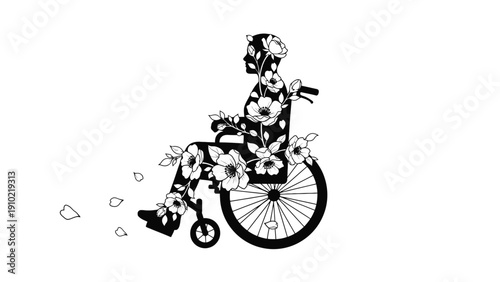 Inclusive Urban Mobility Illustration Wheelchair User Surrounded by Flowers Symbolizing Accessibility, Sustainable Transport, Social Inclusion, Healthcare Investment and Community Development
