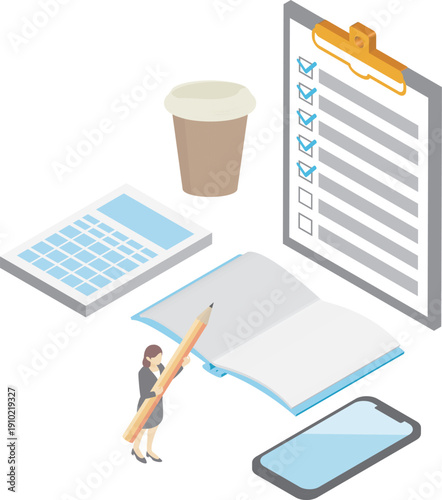 Isometric To-do List and Office Supplies. Image of Task Management, Work Priorities, and Planning